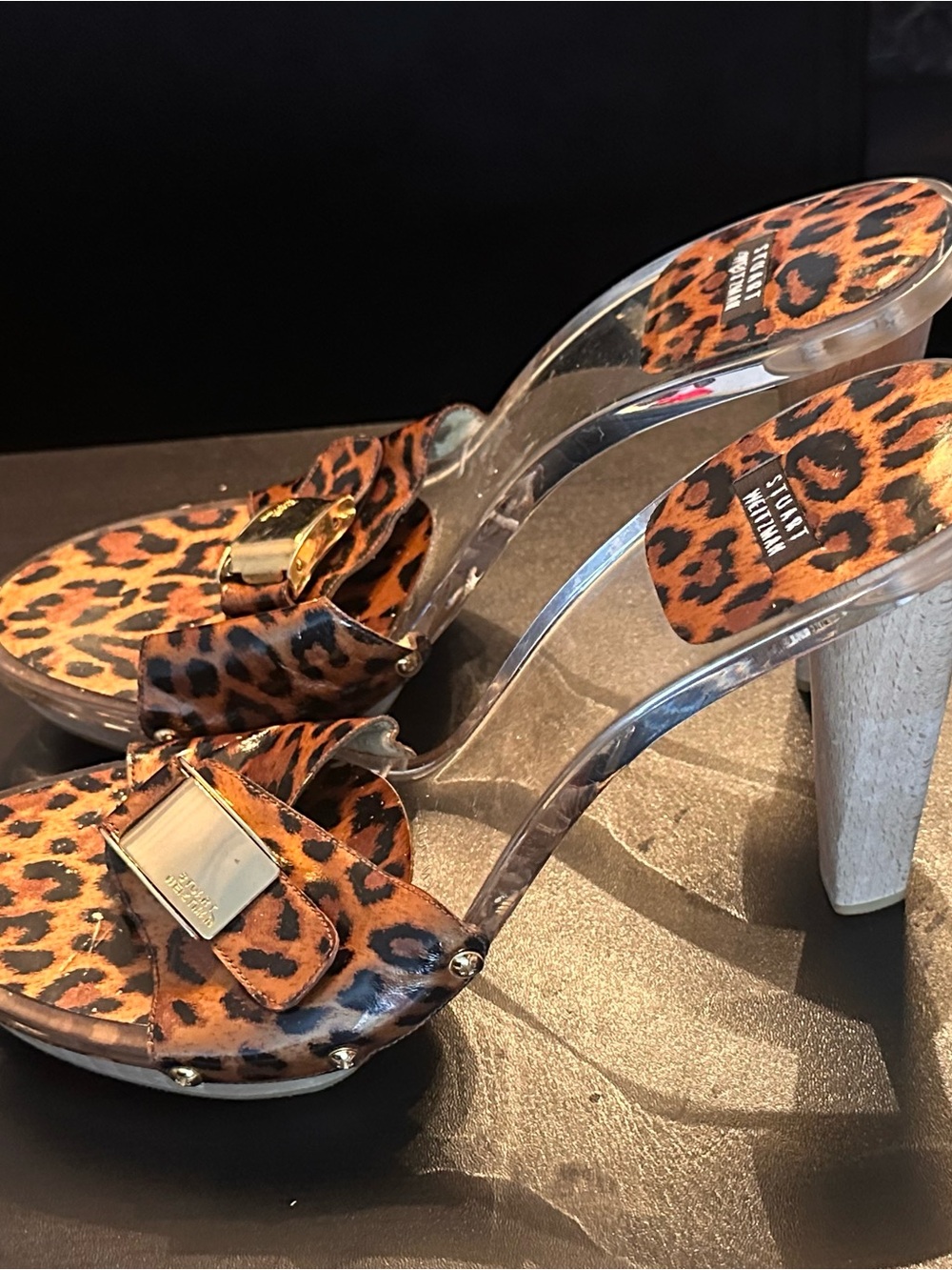 Stuart Weitzman Leopard Print Platform Slide Heels with Gold Accents